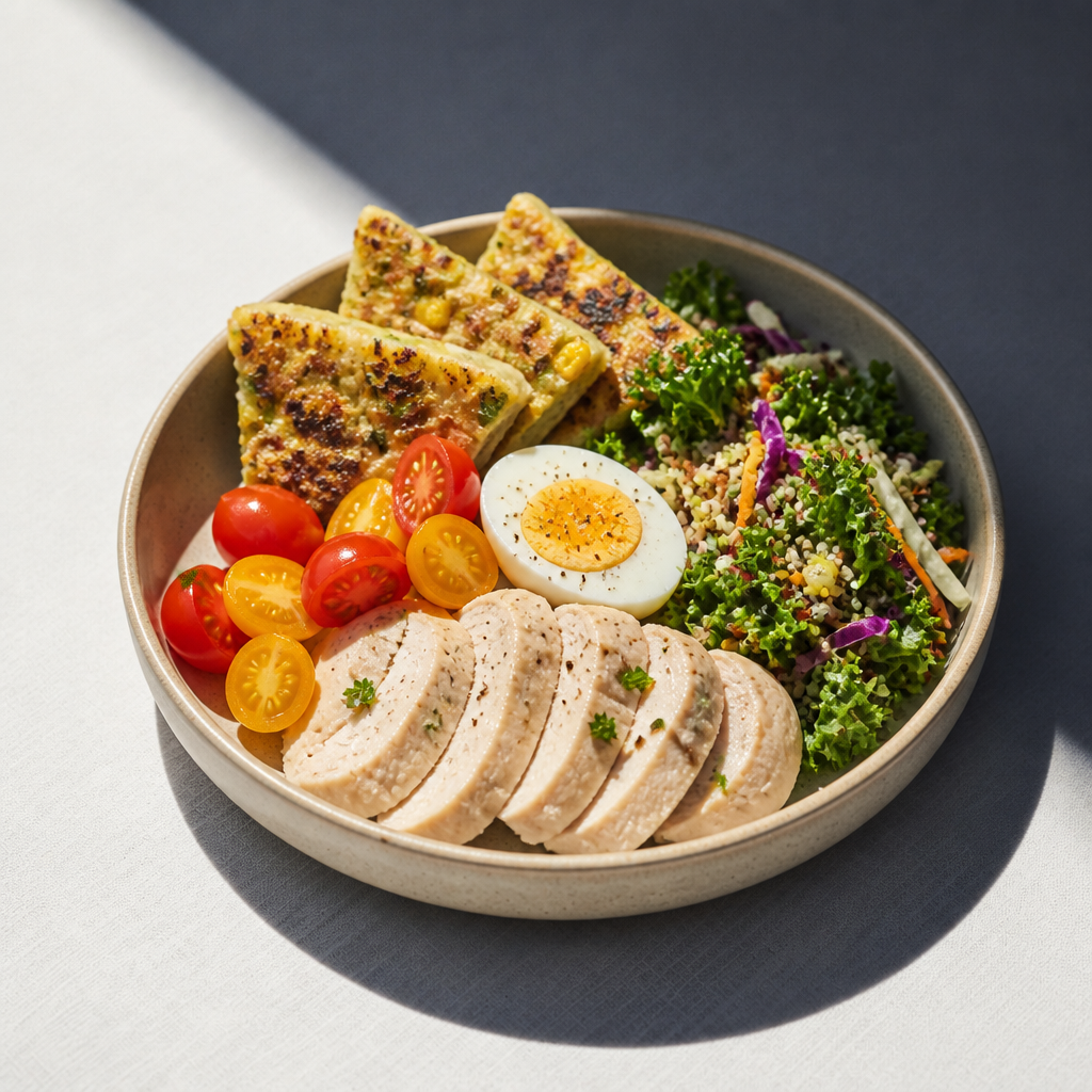 Quinoa Corn Pancake & Baked Chicken Salad Bowl