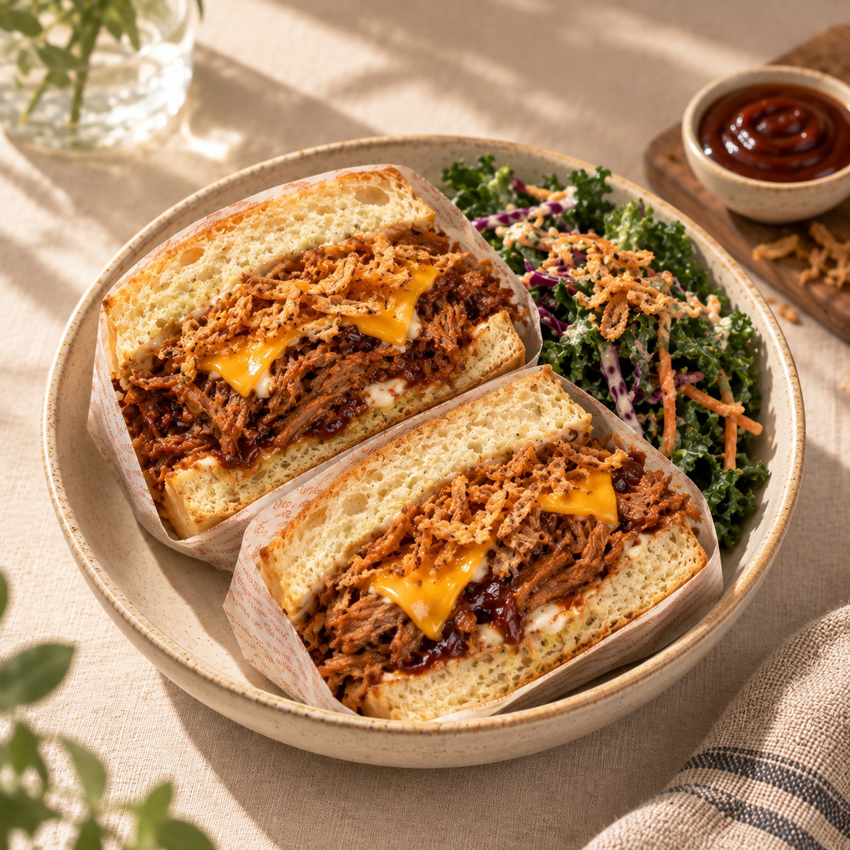 Slow-Cooked BBQ Pulled Pork & Cheddar Sandwich