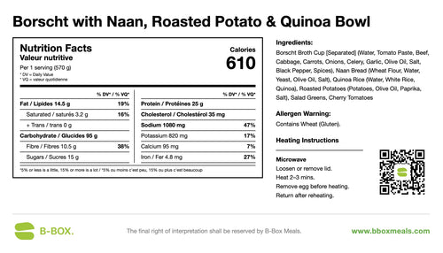 Borscht with Naan, Roasted Potato & Quinoa Bowl