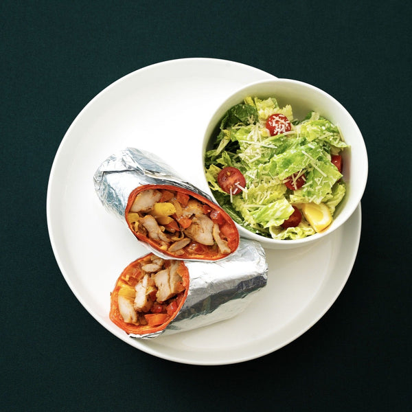 Chipotle Mayo Cajun Chicken Burrito with Caesar Salad