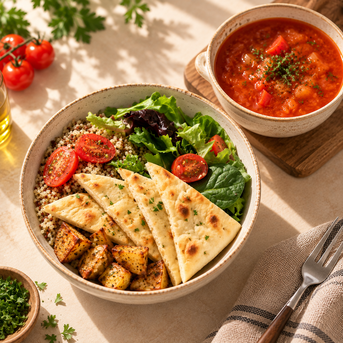 Borscht with Naan, Roasted Potato & Quinoa Bowl