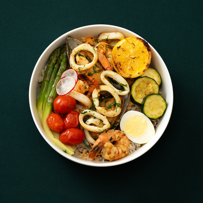 Garlic Prawns, Mussels &amp; Squid Rice Box - B-BOX.