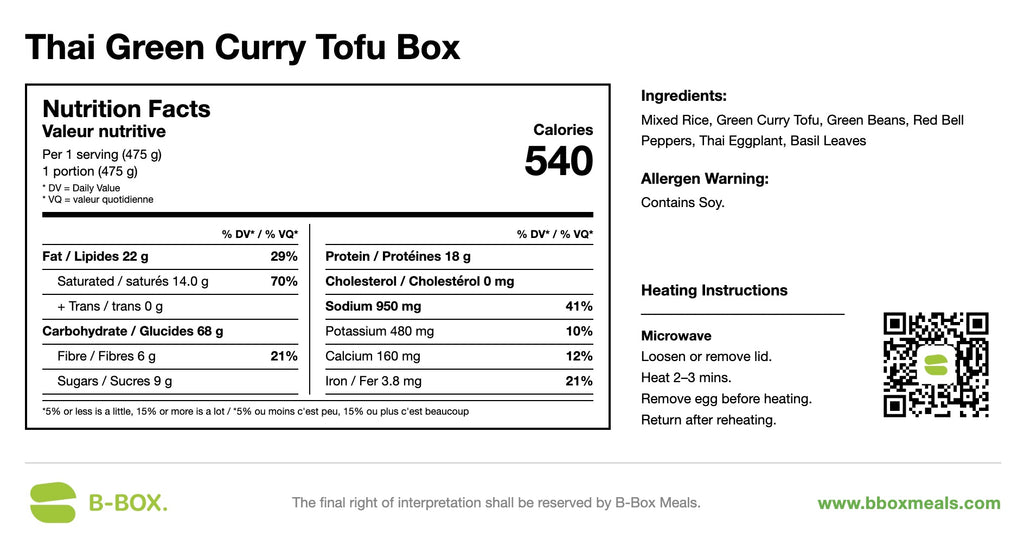 Thai Green Curry Tofu Box (Vegetarian)